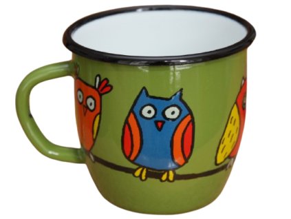 1800 enamel mug green motive owl conical