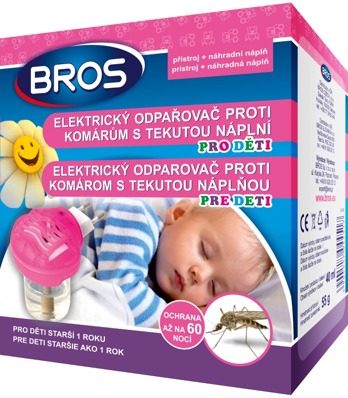 BROS elektrický odparovač proti komárom s tekutou náplňou pre deti 60 nocí