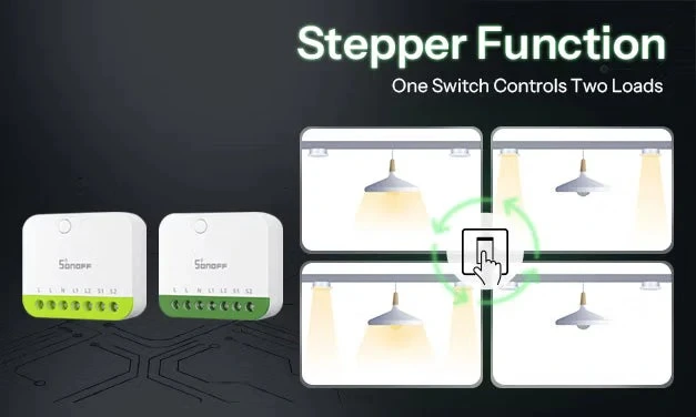 Sonoff MINI 2GS & ZB2GS: Funkce Stepper – ovládání dvou okruhů jedním vypínačem