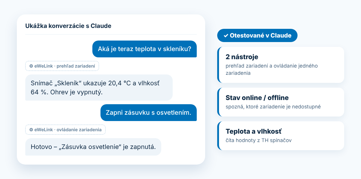 Ukážka konverzácie v Claude: otázka na teplotu v skleníku a zapnutie zásuvky cez eWeLink MCP