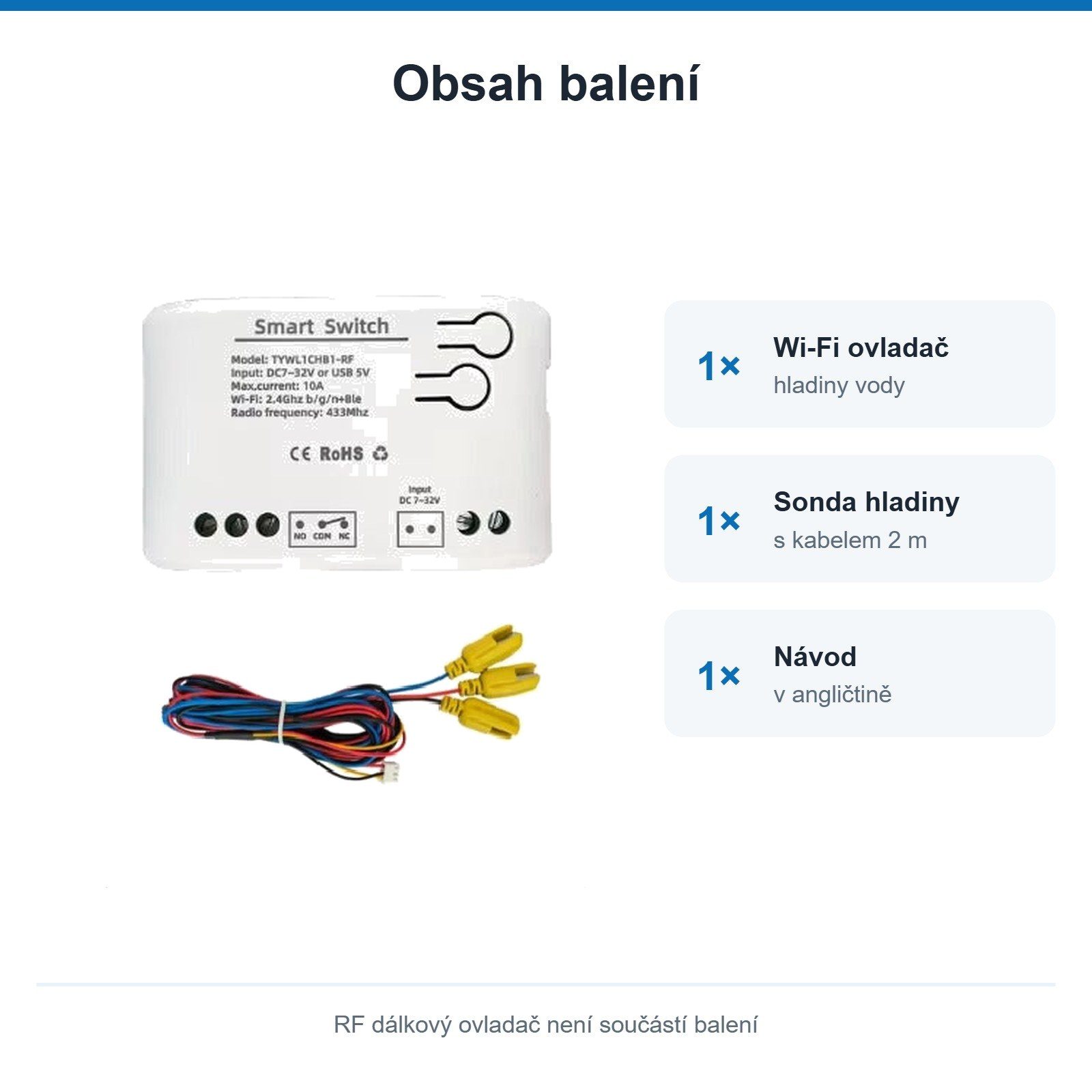 Obsah balení – DC ovladač, sonda hladiny a návod