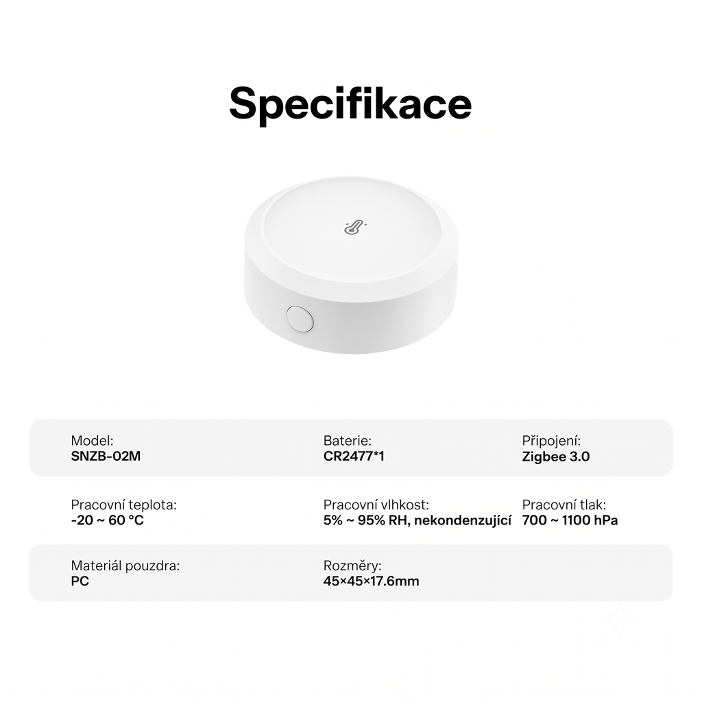 Specifikace SONOFF SNZB-02M – baterie CR2477, Zigbee 3.0, rozměry 45 × 45 × 17,6 mm