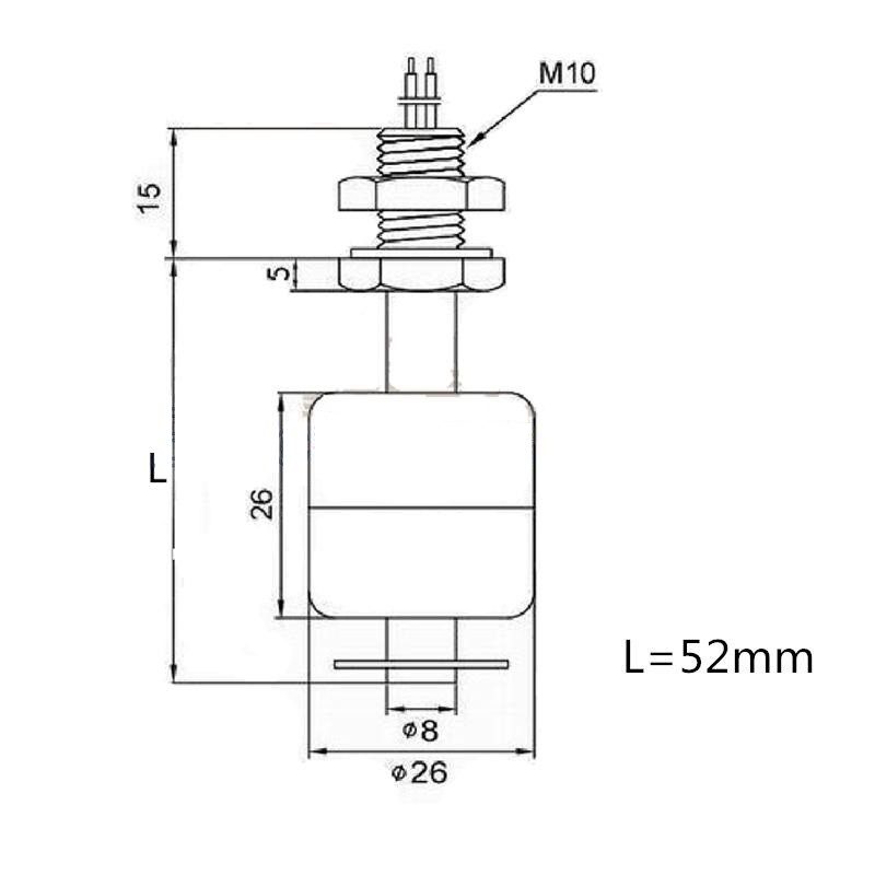 Rozměry plovákového senzoru hladiny – závit M10, délka 52 mm