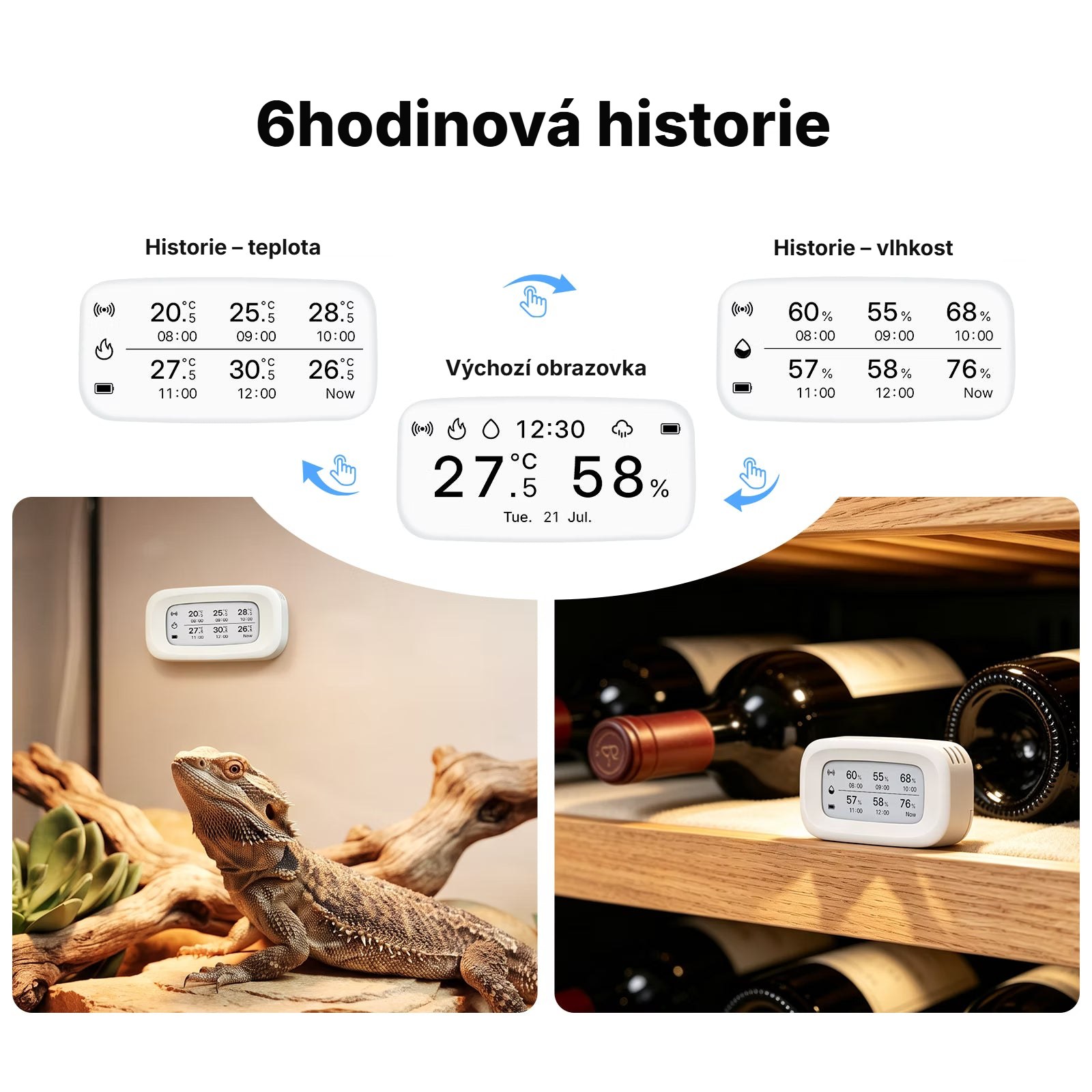 Historie teploty a vlhkosti za 6 hodin na displeji, použití v teráriu a vinotéce