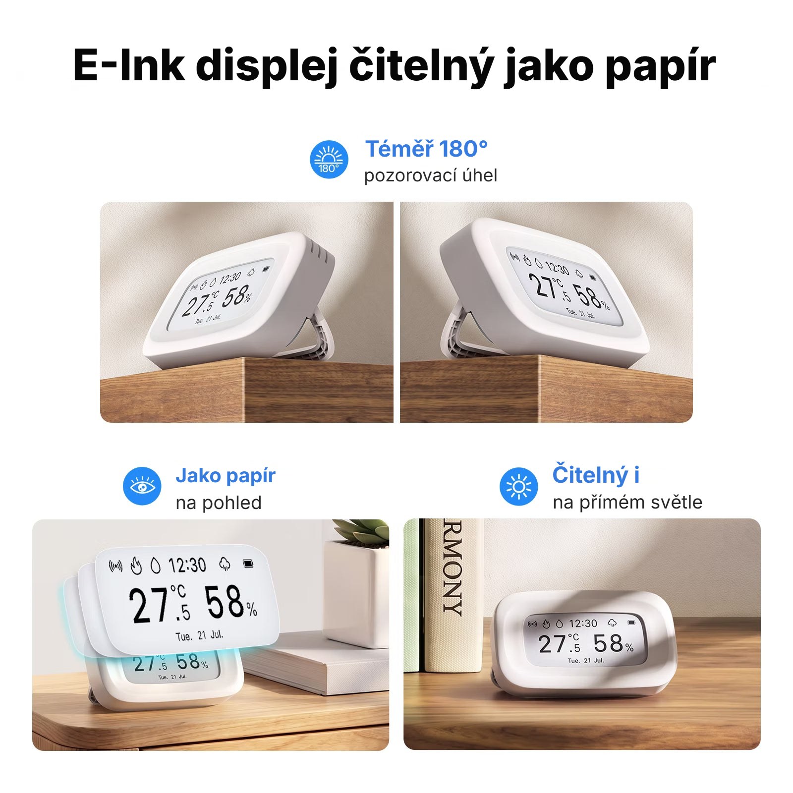 E-Ink displej SNZB-02UL při pohledu z boku a na přímém světle