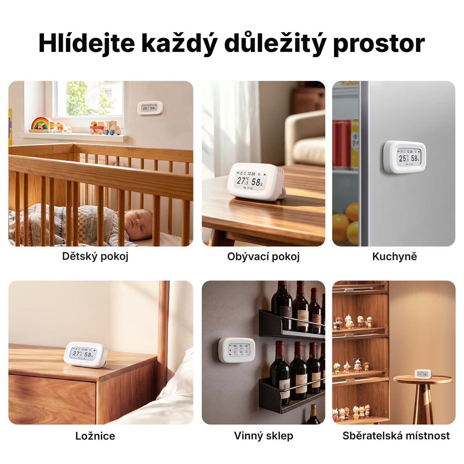 SNZB-02UL v dětském pokoji, obývacím pokoji, kuchyni, ložnici a vinném sklepě