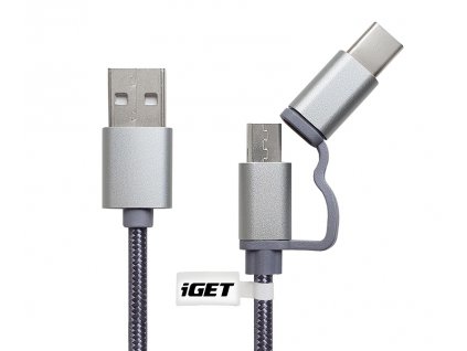 iGET G2V1 USB kábel 2v1, 1 m, strieborný, microUSB a USB-C, predĺžené konce