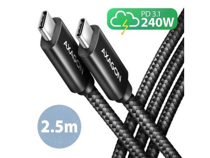 AXAGON BUCM2-CM25AB, CHARGE kábel USB-C <-> USB-C, 2.5m, Hi-Speed USB, PD 240W 5A, ALU, oplet, čierny Axagon