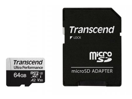 Transcend 64GB microSDXC 340S UHS-I U3 V30 A2 3D TLC (Class 10) paměťová karta (s adaptérem), 160MB/s R, 80MB/s W TS64GUSD340S
