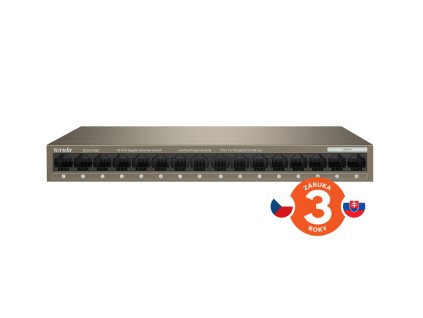 Tenda TEG1016M 16-port Gigabit Switch, 16x 10/100/1000 Mb/s, Fanless, MAC 8K, napájení AC/DC, i zeď