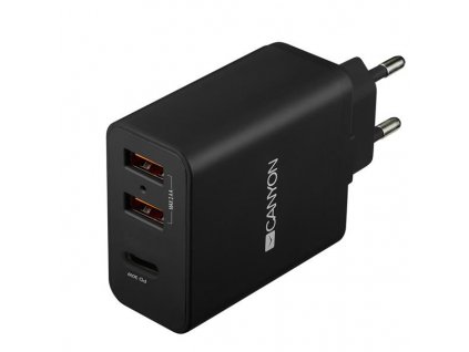 Canyon CNE-CHA08B, prémiová univerzálna nabíjačka do steny 30W, 2x USB, 5V/2.4A + 1xUSB-C Quick Charge, Smart IC, čierna