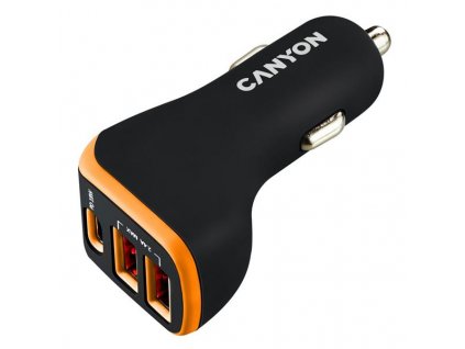 Canyon C-08, univerzálna autonabíjačka, 2x USB-A, 1xUSB-C 18W PD, Smart IC, LED, oranžovo - čierna CNE-CCA08BO