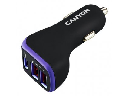 Canyon C-08, univerzálna autonabíjačka, 2x USB-A, 1xUSB-C 18W PD, Smart IC, LED, fialovo - čierna CNE-CCA08PU
