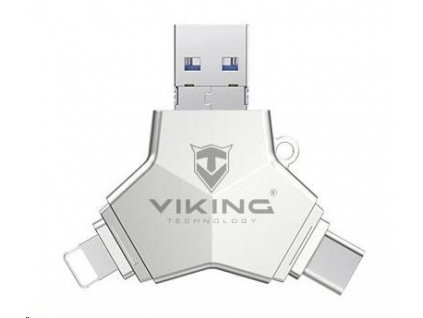 VIKING USB FLASH DISK 3.0 4v1 64GB, S KONCOVKOU APPLE LIGHTNING, USB-C, MICRO USB, USB3.0, stříbrná VUFII64S Viking