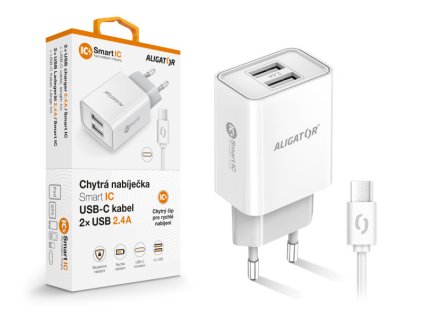 Aligator síťová nabíječka, 2x USB, smart IC, 2,4 A, kabel USB-C 2A, bílá CHA0043