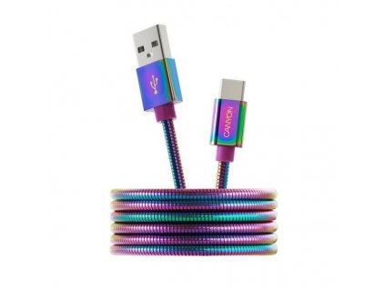 Canyon UC-7, 1.2 m kábel USB-C / USB 2.0, 5V/9V/2A, priemer 3.8 mm, metalicky opletený, dúhový CNS-USBC7RW