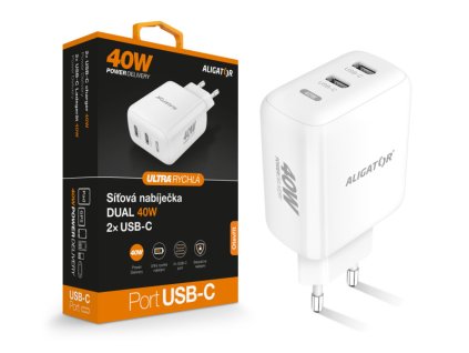 Chytrá síťová nabíječka ALIGATOR Power Delivery 40W, 2xUSB-C, bílá CHPD0023 Aligator