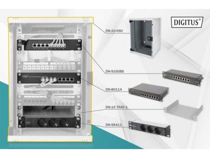 DIGITUS Síťový sada 10 palců, včetně skříně 9U, PDU, police, 8-portového přepínače, patch panelu CAT 6 DN-10-SET-2 Digitus