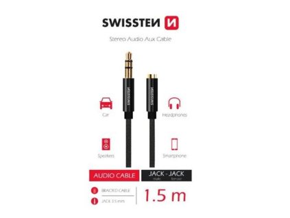 SWISSTEN AUDIO KABEL TEXTILE 3,5 mm JACK(samec) - 3,5 mm JACK (samice) 1,5 M ČERNÝ 73501102 Swissten