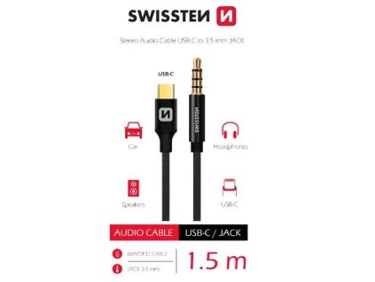 SWISSTEN AUDIO ADAPTÉR TEXTILE USB-C (samec)/3,5 mm JACK (samec) 1,5M ČERNÝ 73501303 Swissten