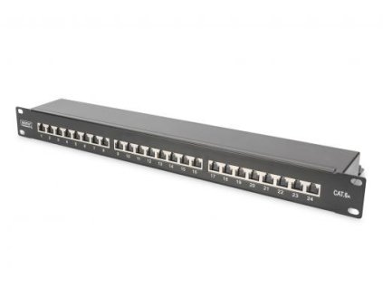 DIGITUS CAT 6A Patch Panel, stíněný, 1U, 24 portů, 8P8C, černy RAL 9005, 483 mm (19 ") / 482,6x44x109 DN-91624S-EA-B Digitus