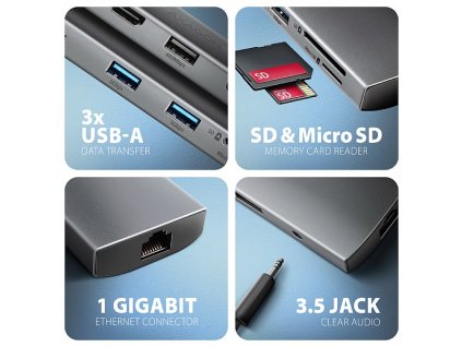 AXAGON HMC-8HLSA, USB 5Gbps hub, 3x USB-A, HDMI 4k/60Hz, RJ-45 GLAN, SD/microSD, audio, PD 100W, kábel USB-C 20cm Axagon