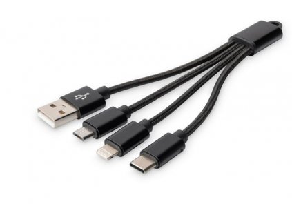 DIGITUS Nabíjecí kabel USB 3 v 1 - USB A - Lightning + micro B + typ C M/ M/M/M 0,15 m, bavlna, CE, zlatá, bl DB-300160-002-S Digitus
