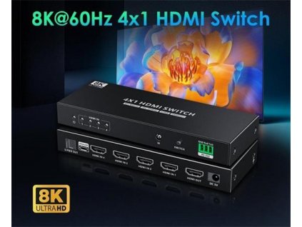 PremiumCord HDMI switch 4:1 s podporou rozlišení 8K@60Hz,4K@120Hz, 1080P, HDR, s ovládáním tlačítkem a dálkovým ovladače khswit41h