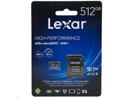 512GB Lexar® High-Performance 633x microSDXC™ UHS-I, up to 100MB/s read 70MB/s write C10 A2 V30 U3, Global LSDMI512BB633A