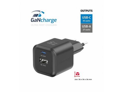 SWISSTEN SÍŤOVÝ ADAPTÉR GaN 1x USB-C 35W PD + 1x USB-A 27W QC ČERNÝ 22071210 Swissten