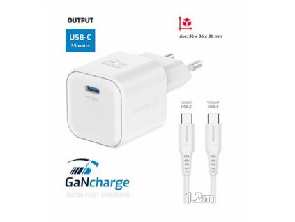 SWISSTEN SÍŤOVÝ ADAPTÉR GaN 1x USB-C 35W POWER DELIVERY BÍLÝ + DATOVÝ KABEL USB-C/USB-C 1,2 M BÍLÝ 22070220 Swissten