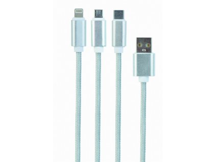 GEMBIRD kábel CABLEXPERT USB A Male/Micro B + Type-C + Lightning, 1 m, opletený, strieborný, blister CC-USB2-AM31-1M-S Gembird