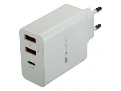 Canyon H-08, prémiová univerzálna nabíjačka do steny 30W, 2x USB, 5V/2.4A + 1xUSB-C Quick Charge, Smart IC, biela CNE-CHA08W