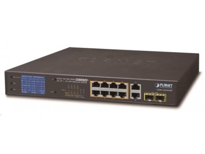 Planet GSD-1222VHP Switch, 8x PoE + 2x 1000Base-T + 2x SFP, LCD, VLAN, režim rozšírenia 10Mb až 250m, IEEE 802.3at 120W