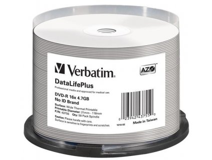 VERBATIM DVD-R(50-balenie)/vreteno/16X/4.7 GB/DataLife Plus Wide Thermal Professional Bez ID značky 43755 Verbatim