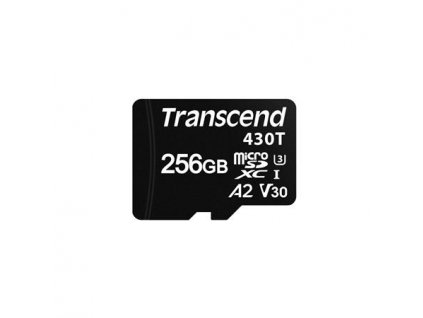 Transcend 256GB microSDXC430T UHS-I U3 (Class 10) V30 A2 3K P/E paměťová karta, 100MB/s R, 70MB/s W, černá, tray balení TS256GUSD430T