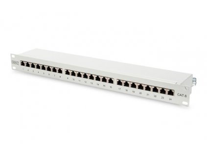 Digitus CAT 6 patch panel, stíněný, 24 portů RJ45, 8P8C, LSA, 1U, montáž do stojanu, šedá, 482x44x109 mm DN-91624S