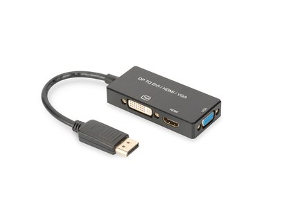 Digitus DisplayPort Kabelový převodník, DP - HDMI+DVI+VGA M-F/F/F, 0,2 m, multimediální kabel 3v1, CE, zlato, bl AK-340418-002-S