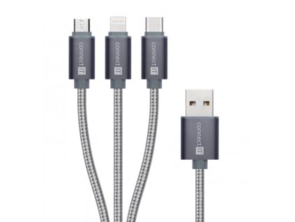 CONNECT IT Wirez 3v1 USB-C & Micro USB & Lightning, strieborná sivá, 1,2 m CI-1229 Connect IT