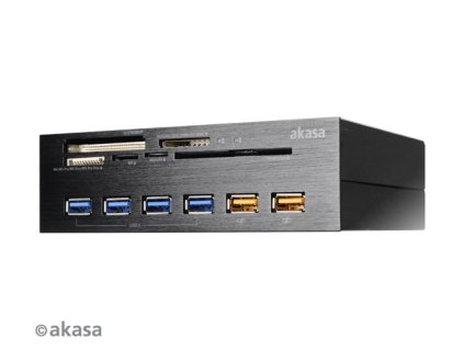 Čítačka kariet AKASA AK-HC-07BK Prepojenie EX až 5.25", 5 slotov, 4x USB 3.0, 2x USB nabíjanie, E-SATA, hliník, čierna Akasa