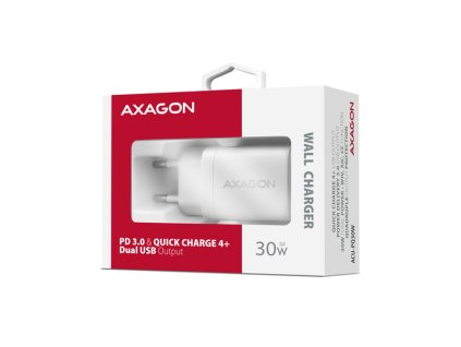 AXAGON ACU-PQ30W Sil nabíjačka 30W, 2x port (USB-A + USB-C), PD3.0/PPS/QC4+/AFC/Apple, biela Axagon