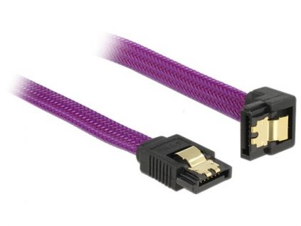 Delock SATA kabel 6 Gb/s, 50 cm otočený dole/rovný, kovové svorky, fialový Premium 83696 DeLock