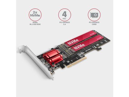 AXAGON PCEM2-ND, PCIe x8 řadič - 2x M.2 NVMe M-key slot, RAID, podpora desek bez bifurkace, vč. LP Axagon