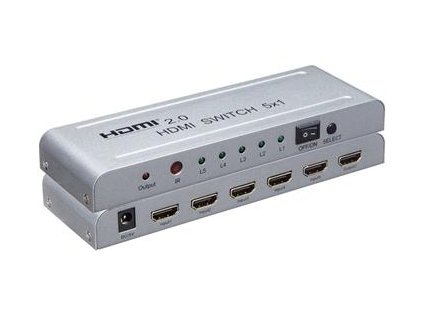 PremiumCord 4Kx2K@60Hz HDMI switch 5:1 kovový s dálkovým ovladačem a napájecím adaptérem khswit51e