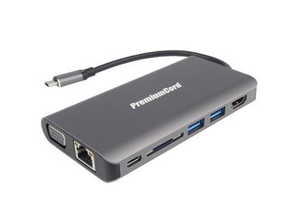 PremiumCord Převodník USB3.1 typ C na HDMI+VGA+RJ45+2xUSB3.0+SD card +3,5mm+PD charge ku31dock08