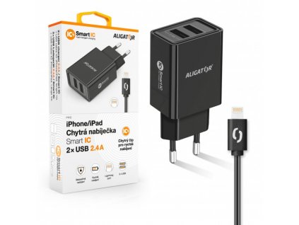 ALIGATOR Chytrá síťová nabíječka 2,4A, 2xUSB, smart IC, černá, USB kabel pro iPhone/iPad CHA0035 Aligator