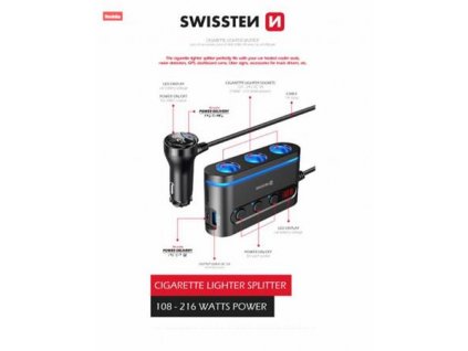 SWISSTEN AUTOADAPTÉR S VÝSTUPEM 3x CL, 2x UCB-C PD a 1x USB-A QA 3.0, 108W - 216W 20114010 Swissten