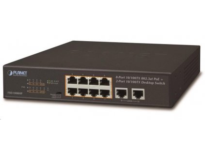 Planet FSD-1008HP Switch, PoE 8x PoE 802.3at 120W+ 2x 100Base-TX, VLAN, režim rozšírenia 10Mbps až na 250m, bez ventilá