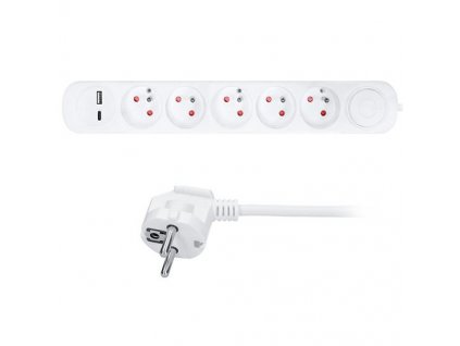 Solight 5z predlžovací prívod s USB A+C nabíjačkou 2.4A, 3m, 3 x 1mm2, biely, vypínač PP152USBC