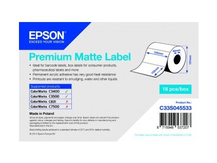 Premium Matte Label -102mm x152mm, 225 labels C33S045533 Epson PS